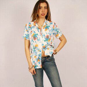 80s Artsy Blouse (L) large white blue vintage top button up short sleeve twee
